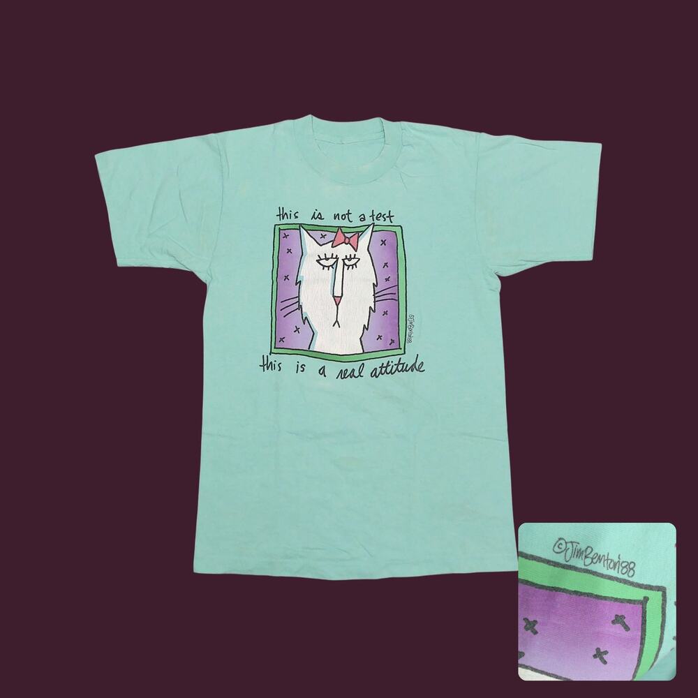 Vintage 1988 Jim Benton Attitude Cat Teal Graphic Tee Single Stitch Womens L